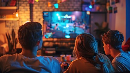 Fototapeta premium Teen Gaming Night: Group Enjoys Competitive Quiz Game in Cozy Home Setting for Fun and Leisure