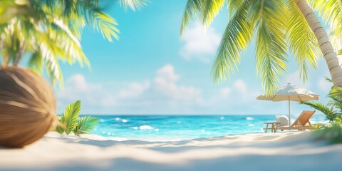 Obraz premium Realistic stock photo of a tropical beach scene. In the foreground, fine white sand with beach chair and umbrella and coconut tree.