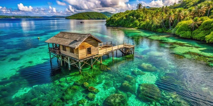 Aerial View of an Old Wooden House on the Sea in Dapa, Siargao, Philippines - Charming Fishing Village Scene Captured from Above