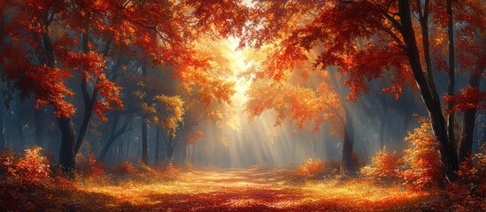 Sunbeams illuminate an autumn forest path.