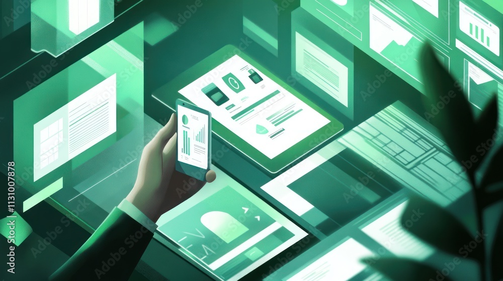 Aufkleber A person interacts with digital devices displaying data and analytics in a modern workspace.