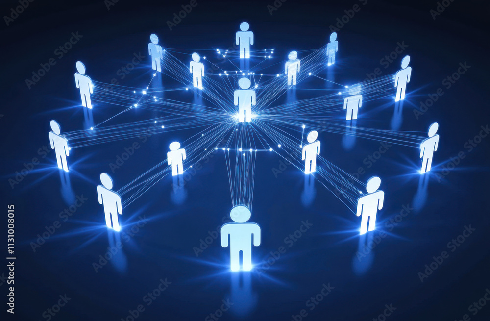 Poster several figures are interconnected with glowing lines, symbolizing communication and collaboration i