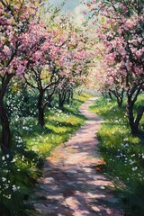 Fototapeta premium Spring Pathway Through Blossoming Orchard with Vibrant Pink and White Flowers