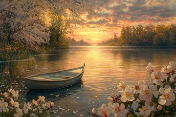 Fototapeta premium Serene Lakeside Sunset with Rowboat and Blooming Spring Flowers