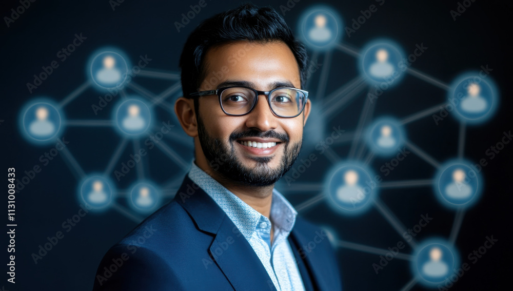Poster a man with glasses smiles confidently while dressed in a suit, standing in front of a background fea