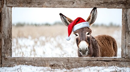 Festive Donkey Wearing Santa Hat in Winter Landscape Outdoor Animal Photography Cheerful Holiday Spirit Nature Viewpoint