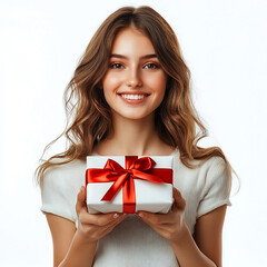 Cheerful Woman Holding a Wrapped Gift with Red Bow on White Background