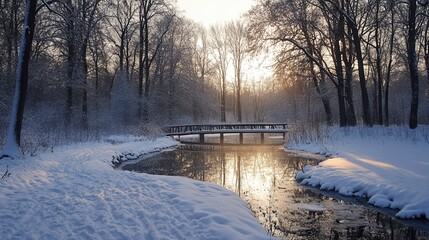 Serene Winter Sunrise: A Snow Covered Bridge Over a Tranquil Stream in a Snowy Forest