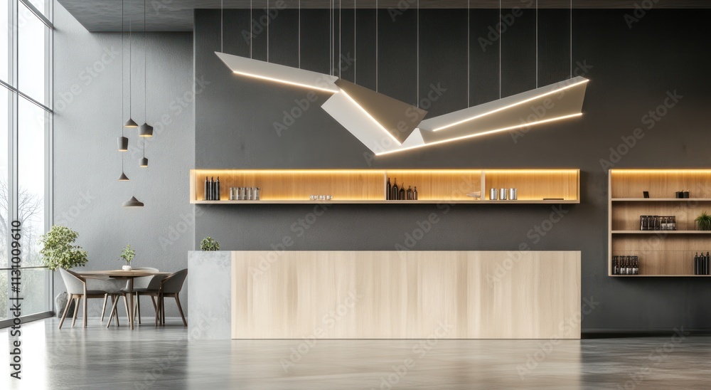 Poster modern reception area with minimalist design and warm lighting.