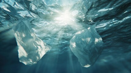 Fototapeta premium Underwater sunlight highlights plastic pollution while green leaves symbolize eco-friendliness. Solar panels represent sustainable energy, merging awareness and conservation efforts for Earth Day