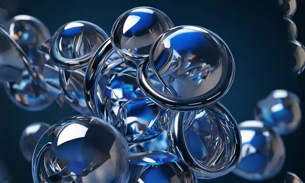 Sph&egrave;res m&eacute;talliques bleues et argent&eacute;es fusionnant pour former une surface high-tech aux motifs fluides et ajour&eacute;s, transition dynamique vers une texture futuriste, design technologique en transformat