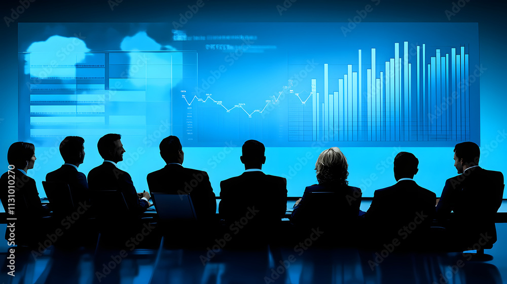 Poster silhouetted business team attentively watching a presentation displaying charts and graphs on a larg
