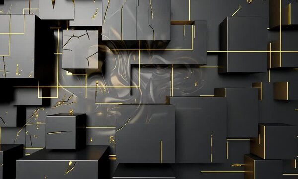 Transformation d&rsquo;une mati&egrave;re fluide noire et or en structure g&eacute;om&eacute;trique compos&eacute;e de blocs noirs &agrave; liser&eacute; dor&eacute;, composition graphique luxueuse et abstraite, design &eacute;l&eacute;gant et contemporain