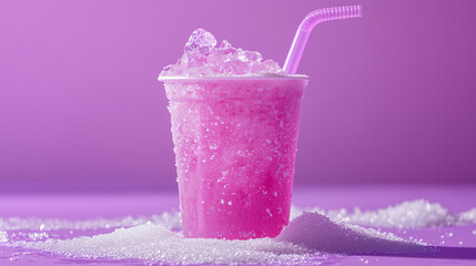 Refreshing pink beverage served in a cup with ice and sugar on a vibrant purple background. Generative AI