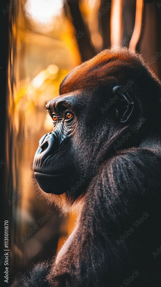 Poster a close-up profile of a gorilla, showcasing its expressive features against a natural backdrop.