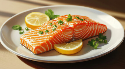 Freshly cooked salmon fillet garnished with lemon slices and herbs on a white plate. Generative AI