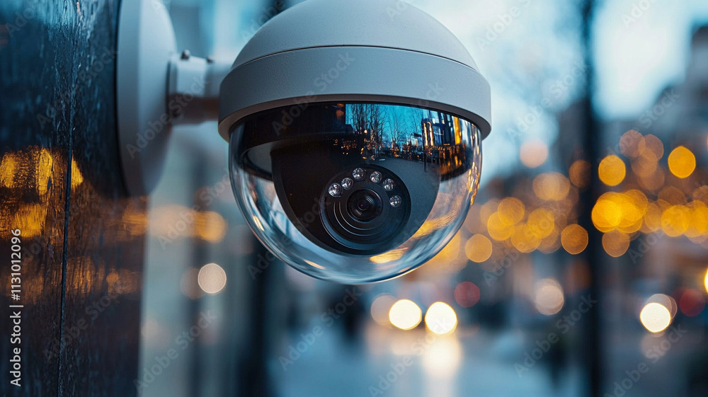 Poster ai-generated surveillance camera action in urban setting technology and security focused viewpoint w