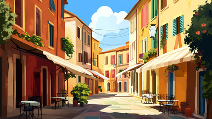 Fototapeta premium Renaissance market street: a tapestry of light and shadow. renaissance italy. illustration. Tapestry. Illustration