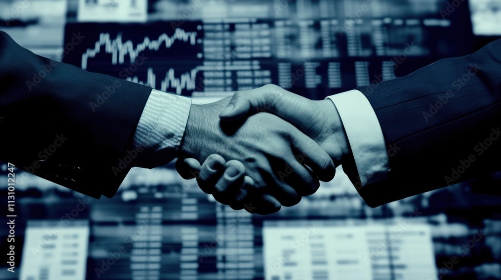 Aufkleber two hands shaking against a backdrop of financial data, symbolizing partnership and agreement.