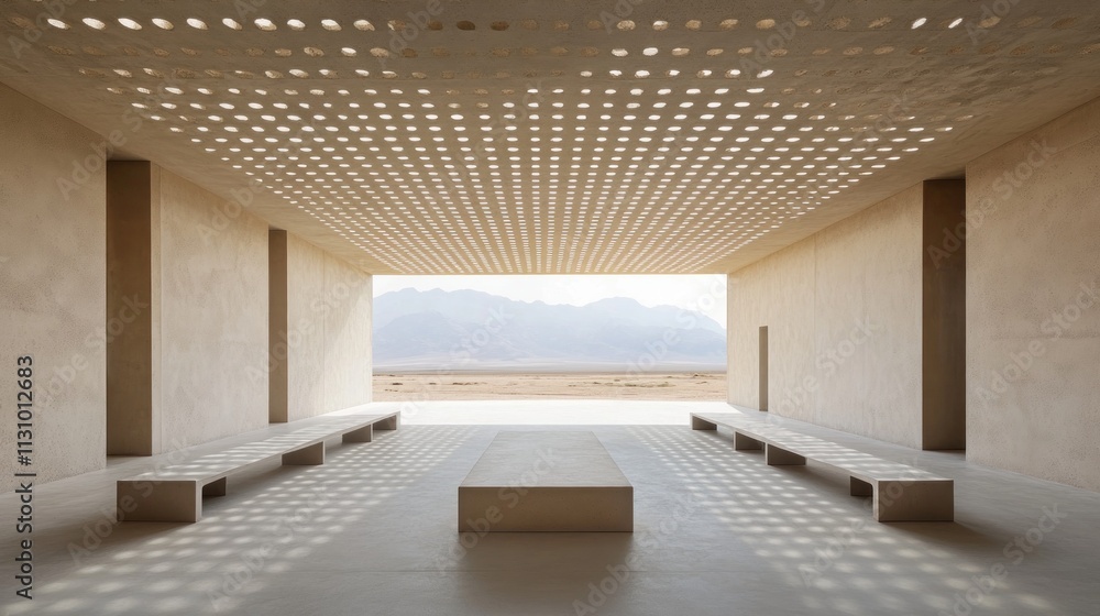 Poster a minimalist architectural space with natural light and a scenic view of mountains.