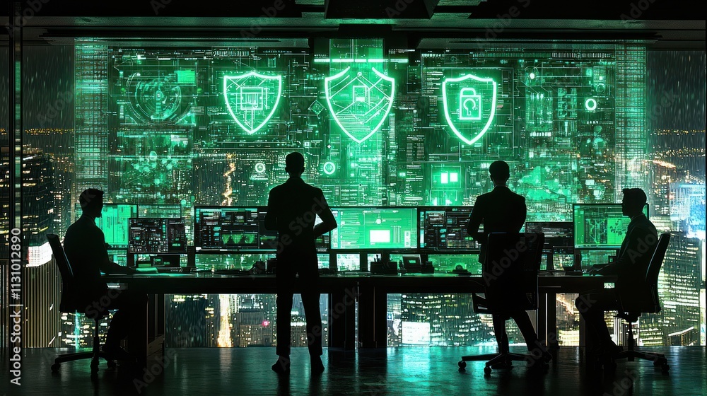 Poster A futuristic control room with silhouettes monitoring digital data on large screens.
