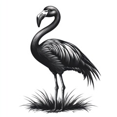 Obraz premium Monochrome illustration of a flamingo standing in grass.