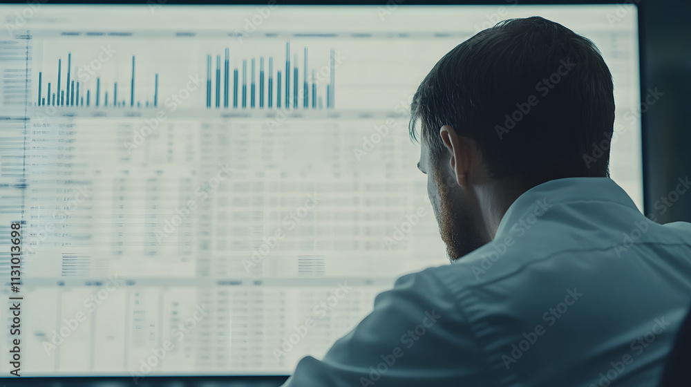 Poster a man sits at a computer, reviewing detailed data charts and spreadsheets on a large monitor.
