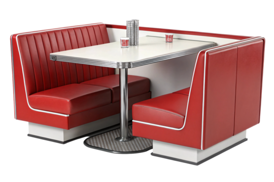 Vintage booth with bold red seating and a pristine white table, complete with a condiment set and retro-inspired accents, isolated on a transparent background