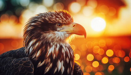 Majestic eagle with sharp details and vibrant sunset background