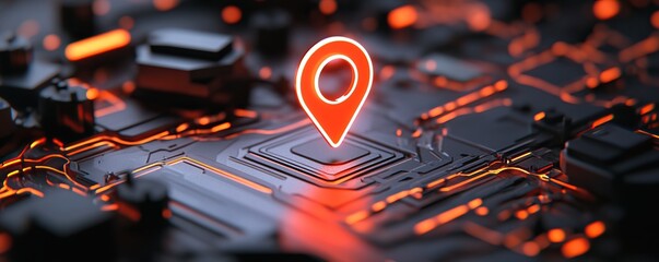 A glowing location pin is depicted on a dark circuit board, symbolizing technology, navigation, and connectivity.