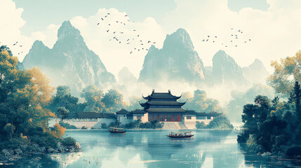 Fototapeta premium Chinese traditional architecture, natural landscape scenery