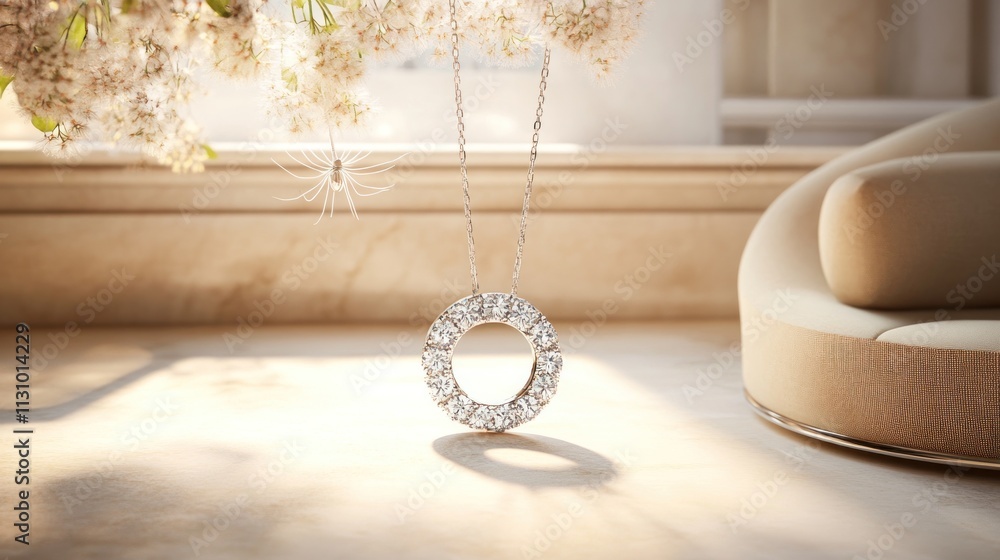 Poster a sparkling pendant necklace displayed elegantly in a softly lit setting.