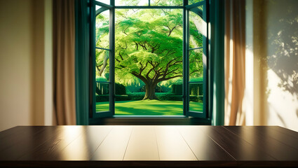 Fototapeta premium Empty wood table top and blurred of interior room with window view from green tree garden background background - can used for display or montage your products.