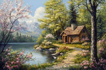 Tranquil Spring Landscape with Rustic Cabin by a Serene Lake for Nature-Inspired Designs