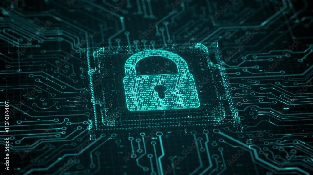 Poster security hologram virtual hud pin with shield and lock. concept of finance data privacy and smartpho