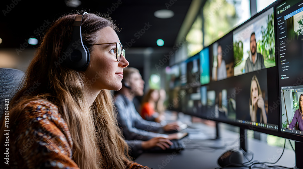 Poster a young woman with headphones focuses intently on a large monitor displaying multiple video conferen