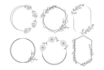 Frame template for decorating invitation cards. Collection of trendy hand drawn flowers. Minimalistic herbal botanical set of border. Line art. Сlip art.  Silhouette. Elements and shapes. Cut out.