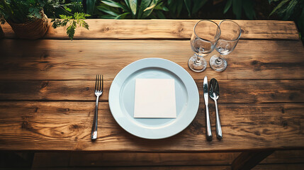 Elegant dining setup on wooden table surrounded by greenery before dinner service at a tranquil location. Generative AI