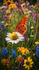 Vibrant Butterfly on Blooming Daisy Amidst Lush Wildflowers: Nature's Spring Beauty for Posters and Prints