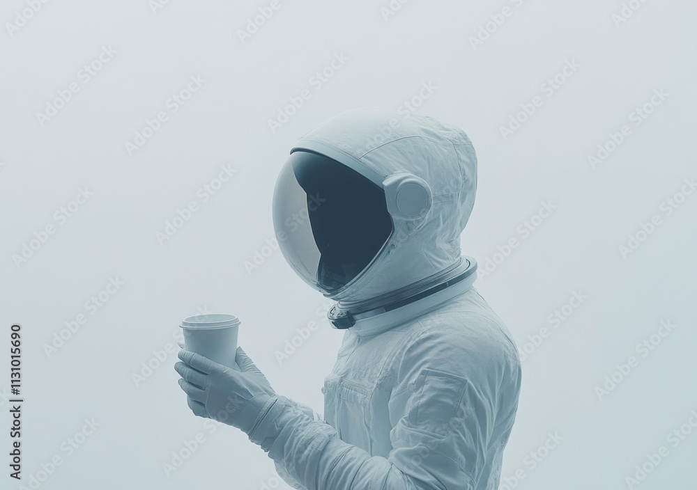 Poster an astronaut holding a cup in a misty, ethereal environment.