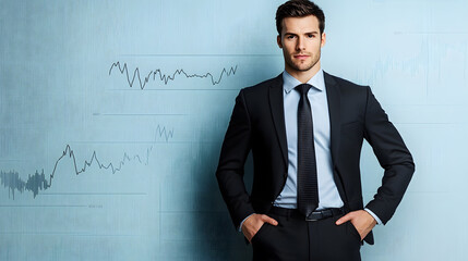 Professional businessman in suit with confident expression, standing against blue background with financial graphs