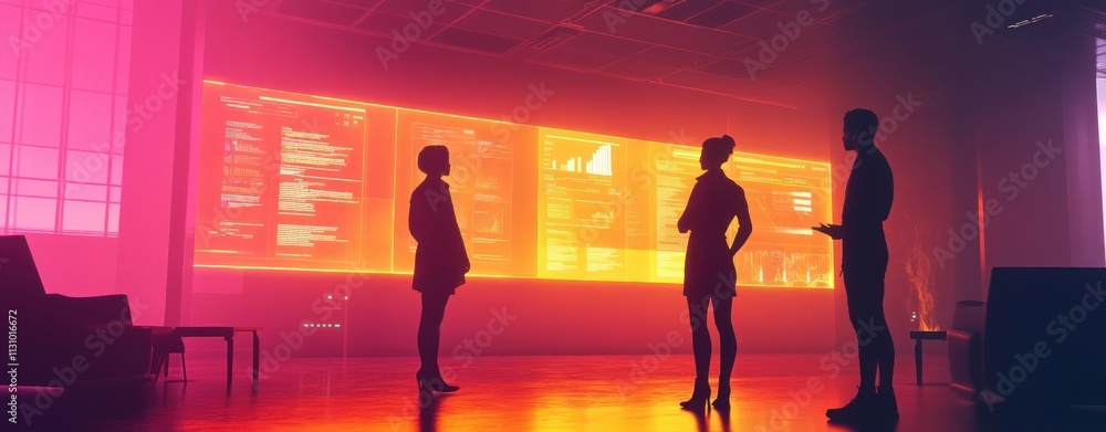 Poster A group of professionals discussing data in a high-tech, illuminated workspace.