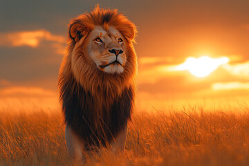 A majestic lion standing in a golden savanna during sunset