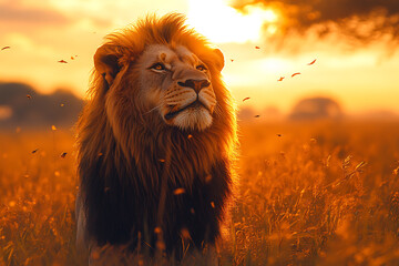 A majestic lion standing in a golden savanna during sunset