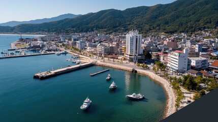 A picturesque coastal town with boats moored in a calm harbor, surrounded by lush green hills, under a clear blue sky, embodying serene coastal life.