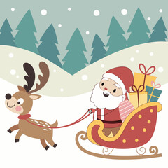 Obraz premium A festive cartoon design featuring Santa Claus, a reindeer, and gifts, perfect for Christmas-themed projects.
