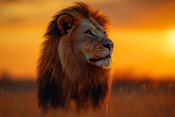 A majestic lion standing in a golden savanna during sunset