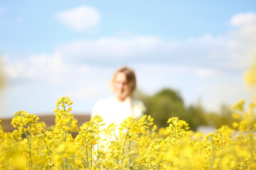 Fototapeta premium woman in the field of sunflowers