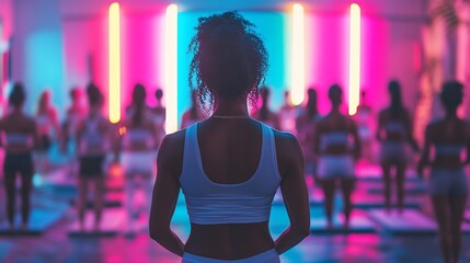 Woman leads diverse group yoga class under neon lights.