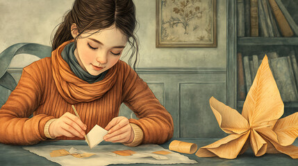 Girl making origami creations with attention while seated at a table in a cozy indoor setting